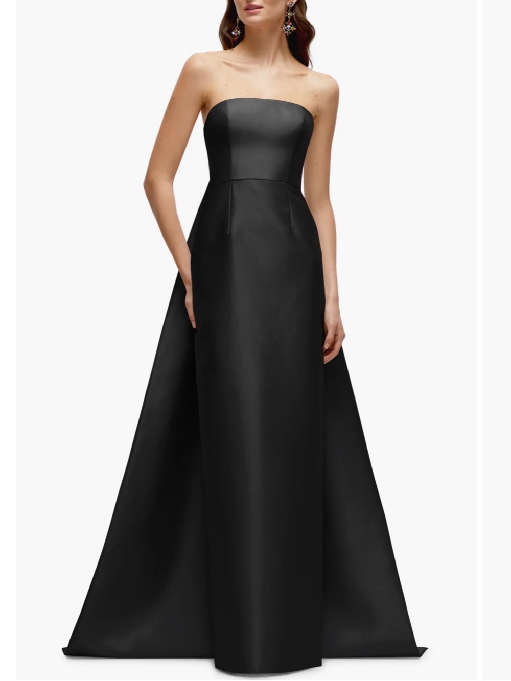 ALFRED SUNG Strapless Black Satin Gown - TWill Column Gown w/ Removable Train